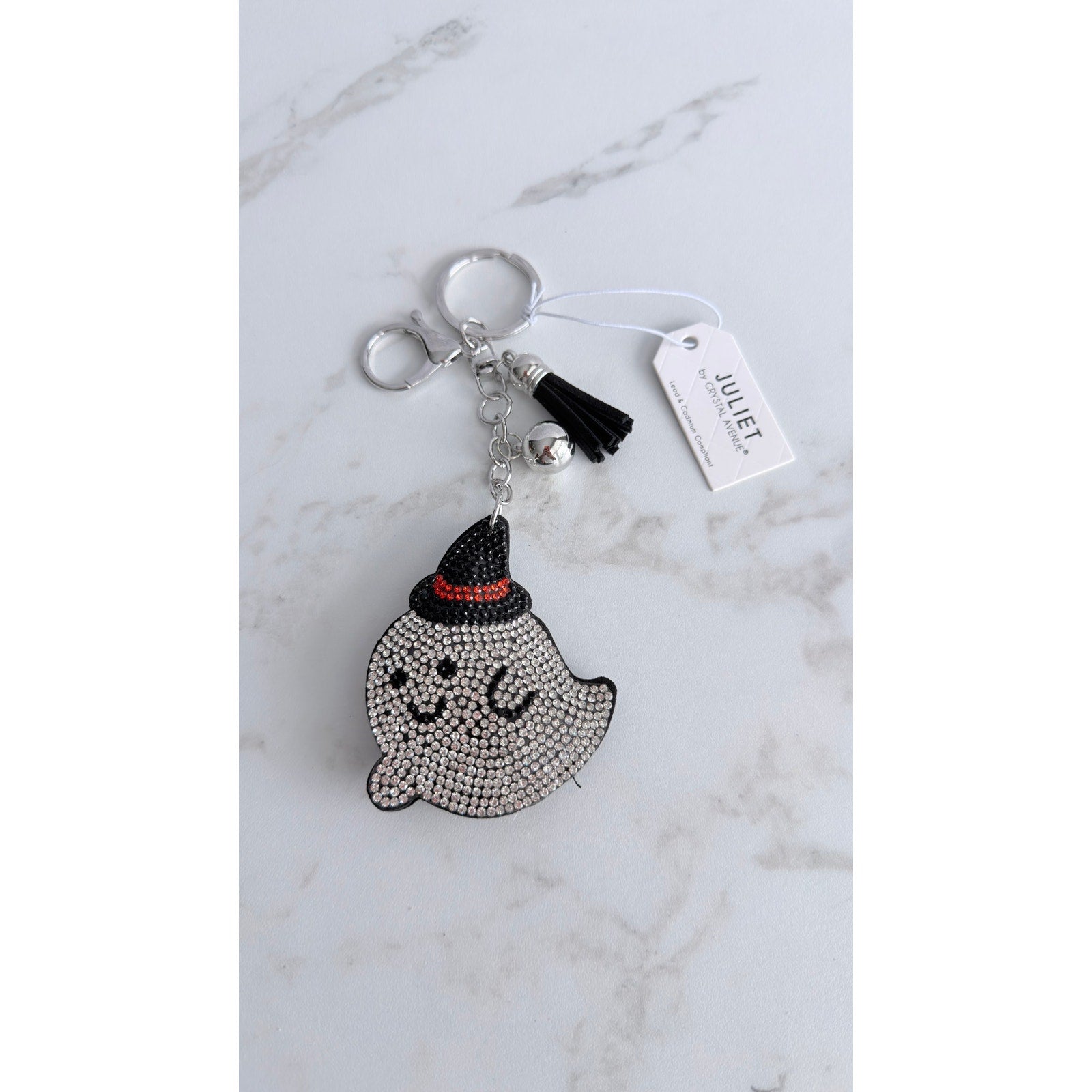 Juliet Crystal Avenue Ghost Rhinestone Puffy Keychain Tassel Halloween NWT