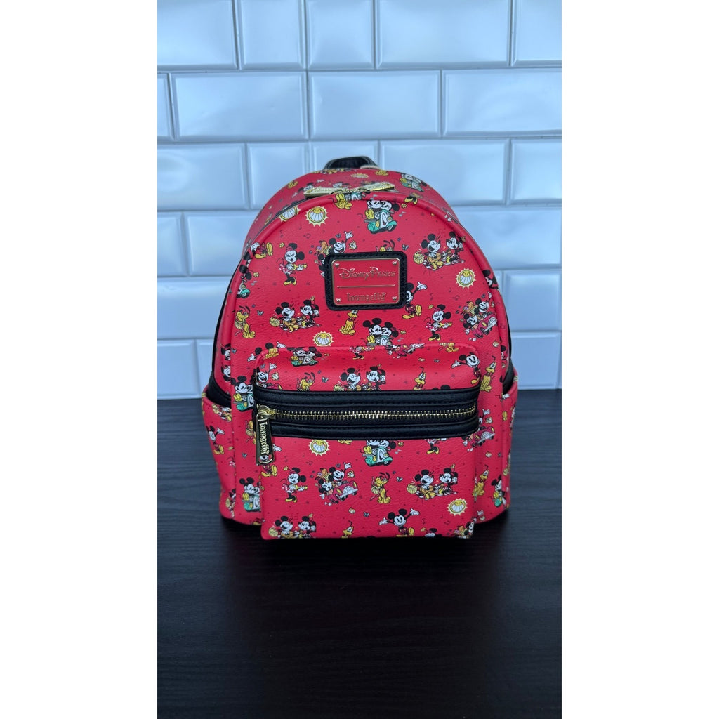 Disney Parks x Loungefly Mickey & Minnie Runaway Railway Mini Backpack Red AOP