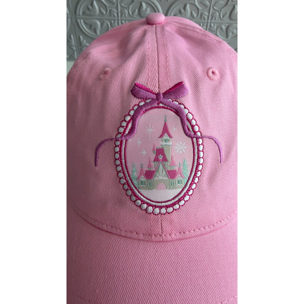 Disney Parks Pink Embroidered Castle Cameo Bow Baseball Cap Hat Adjustable NEW