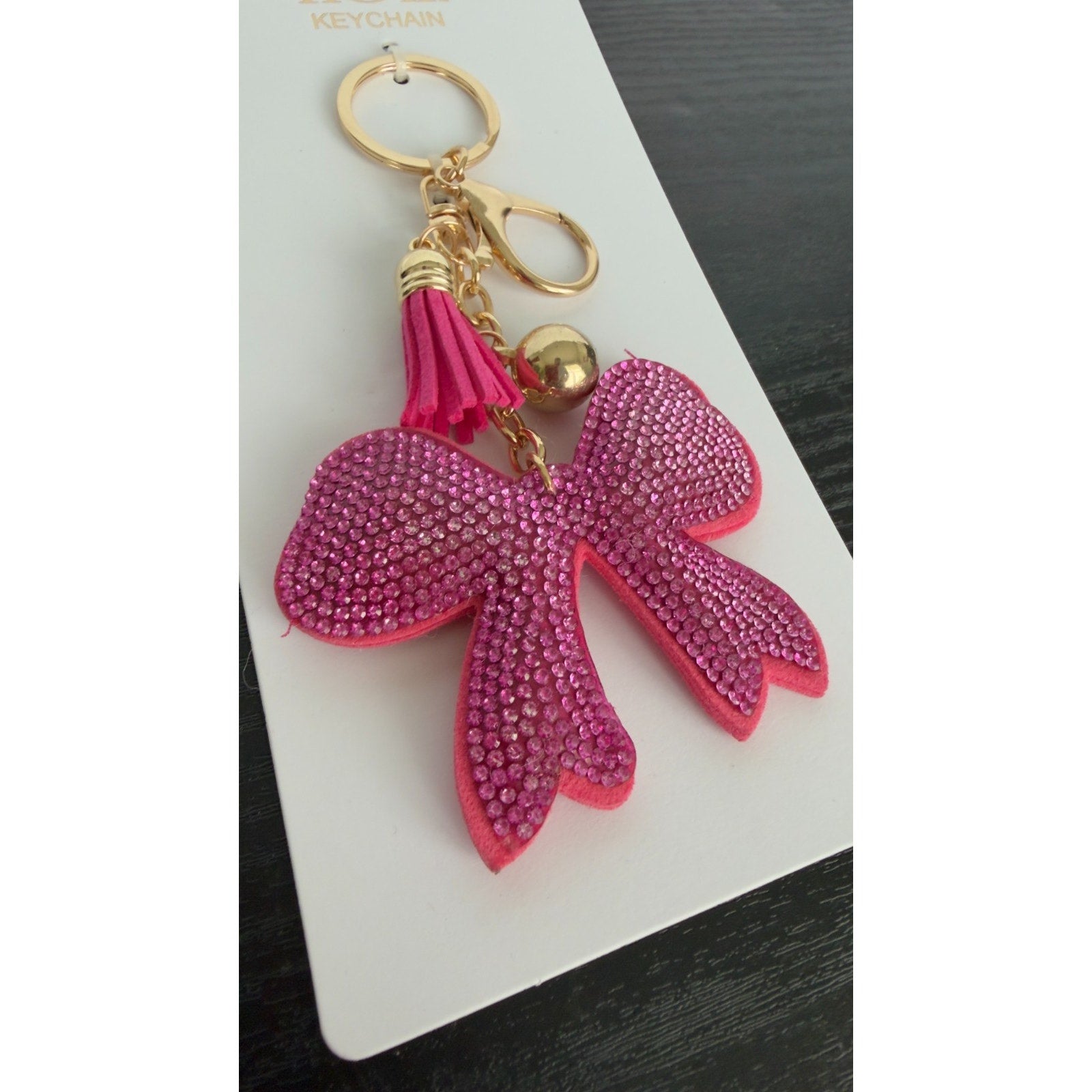 Bling Rhinestone Pink Ribbon Puffy Keychain - Tassel Bag Charm - NEW