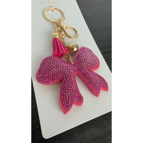 Bling Rhinestone Pink Ribbon Puffy Keychain - Tassel Bag Charm - NEW