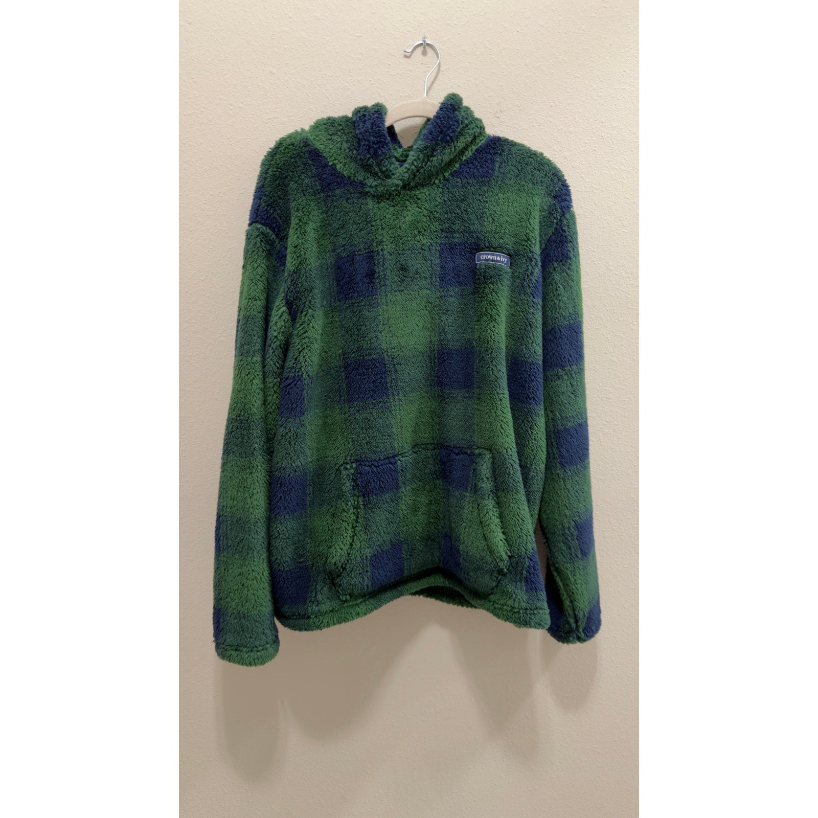 Crown & Ivy Green Plaid Sherpa Hoodie Mens Large Fleece Pullover