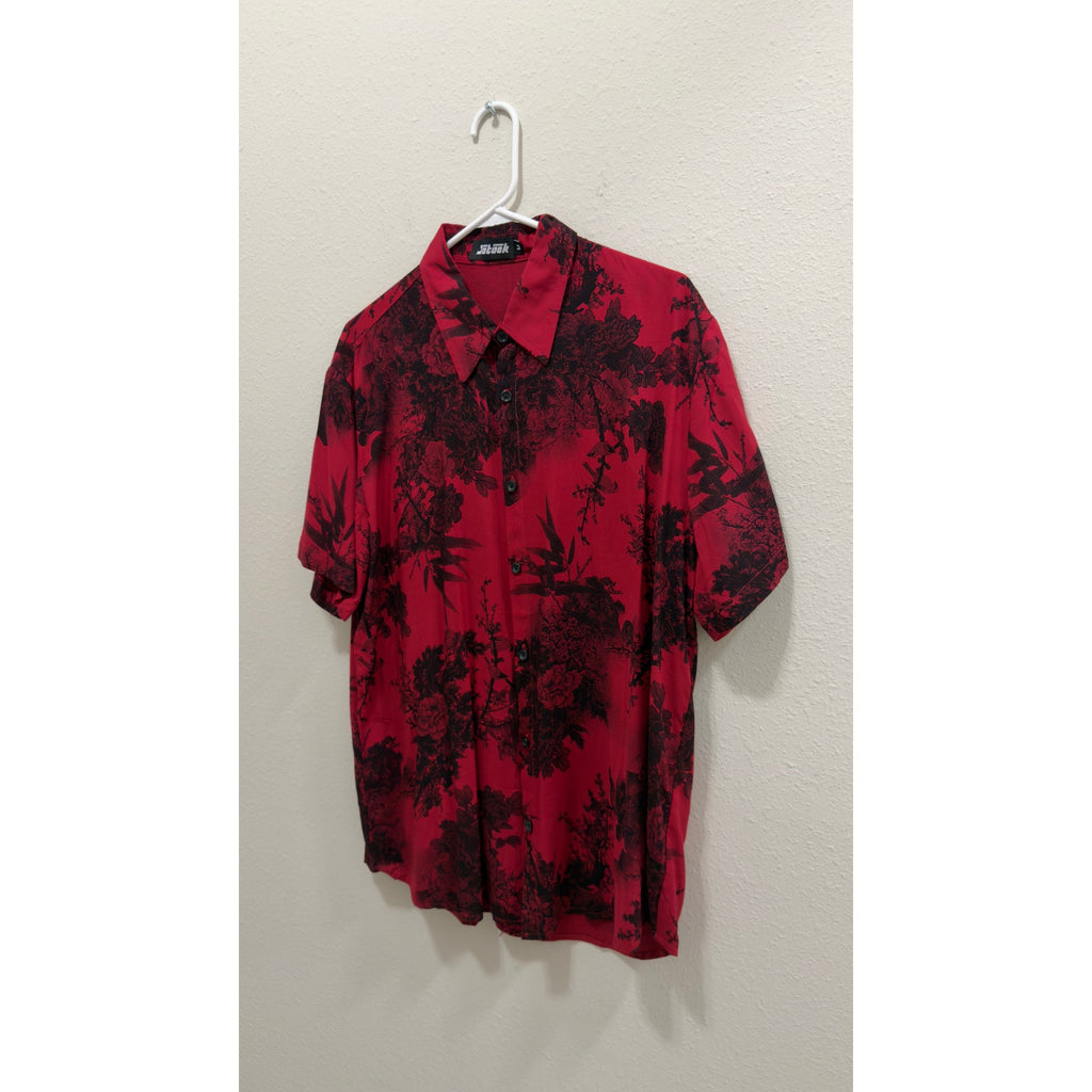 Jotook Men's Red & Black Tropical Floral Short Sleeve Hawaiian Shirt Medium