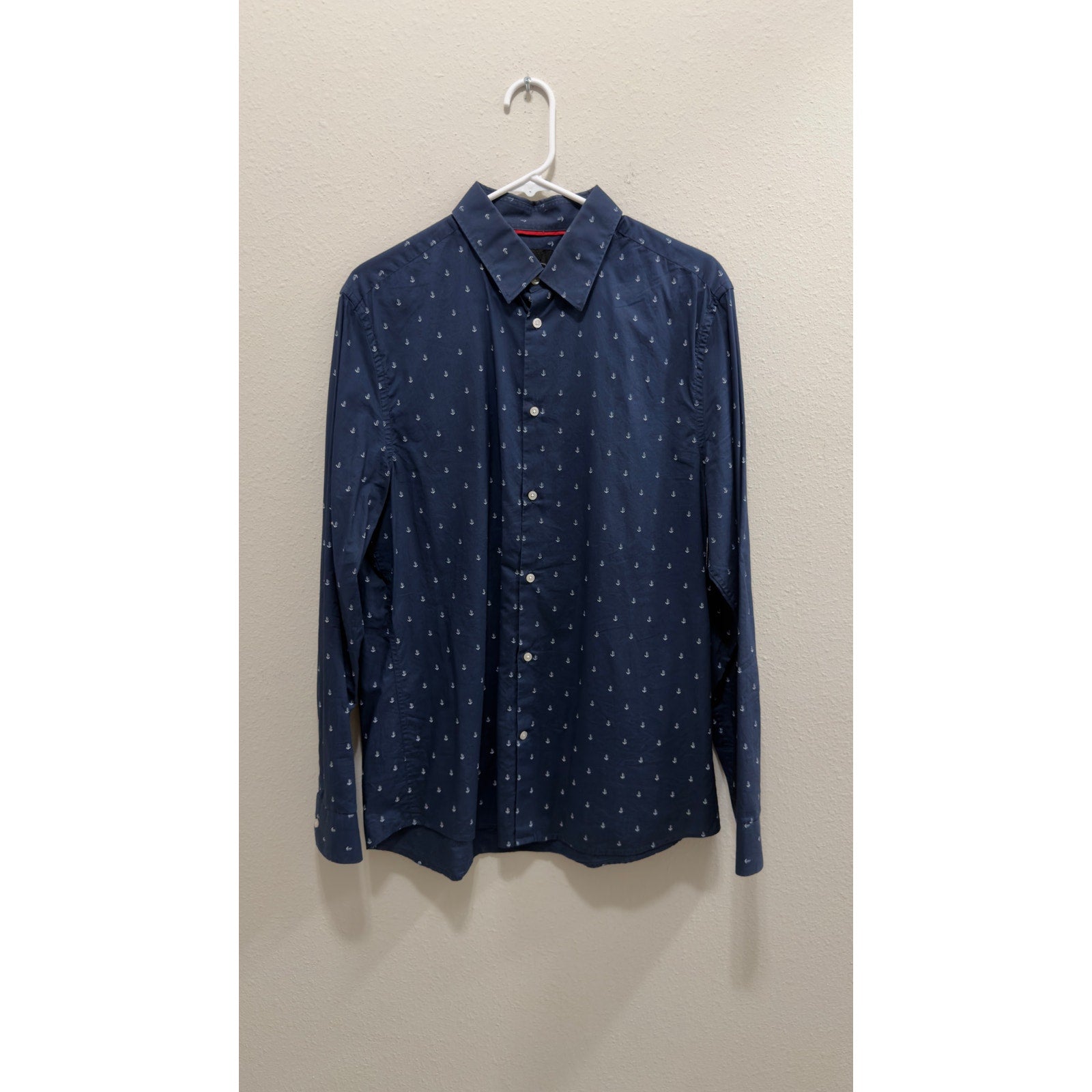 H&M Men's Long Sleeve Button-Down Shirt - Navy Anchor Print Size Large
