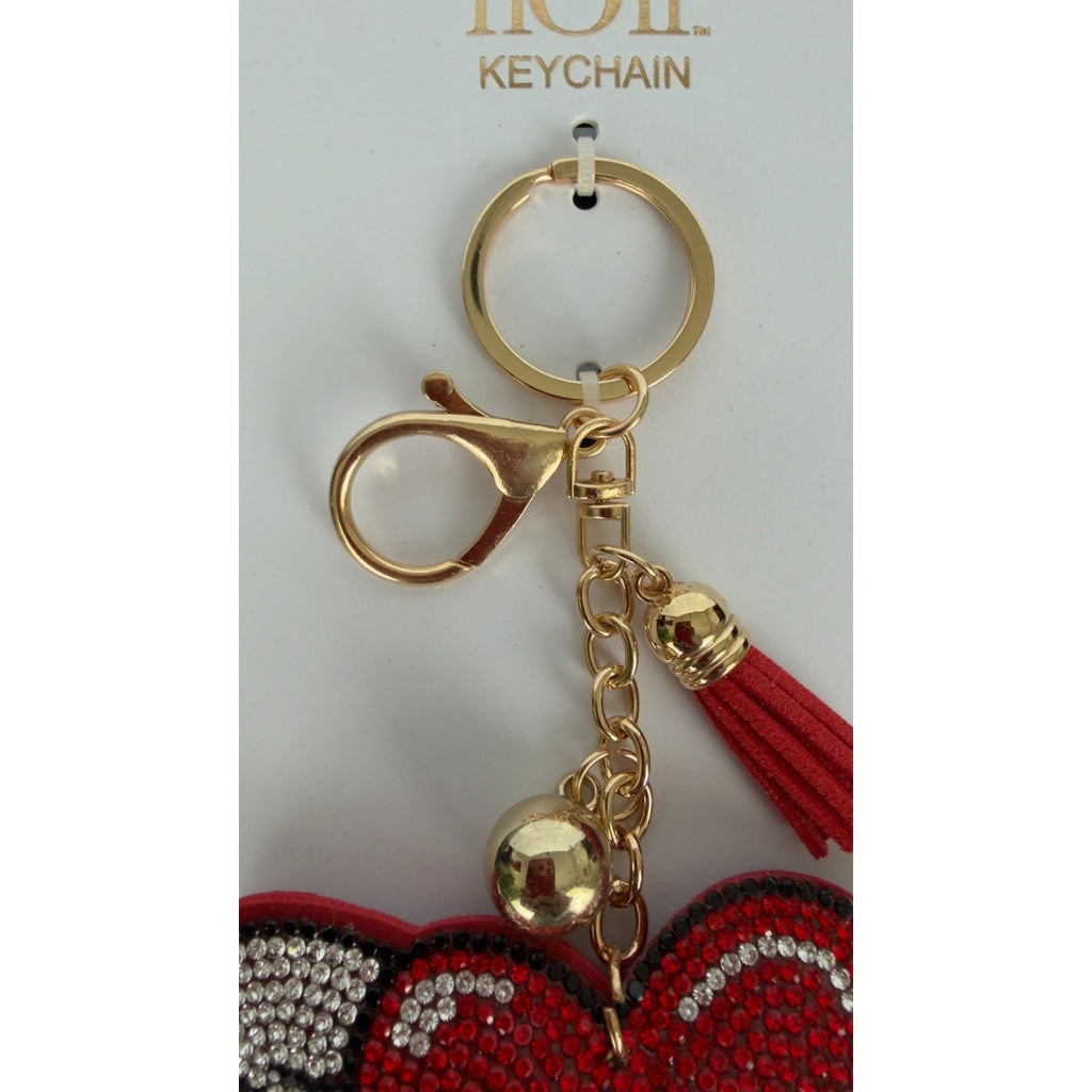 Bling Rhinestone Red Winged Heart Puffy Keychain - Tassel Bag Charm NEW