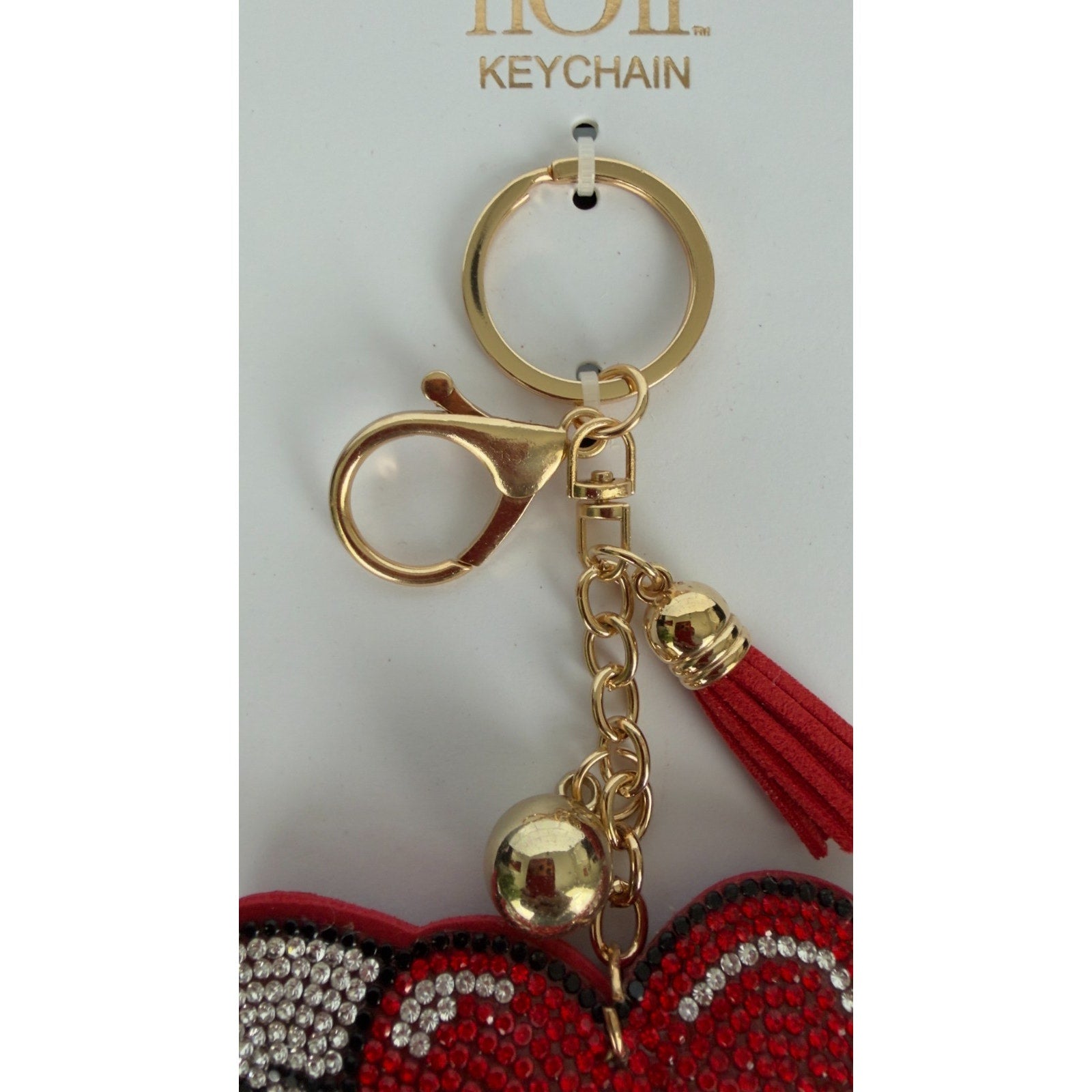 Bling Rhinestone Red Winged Heart Puffy Keychain - Tassel Bag Charm NEW