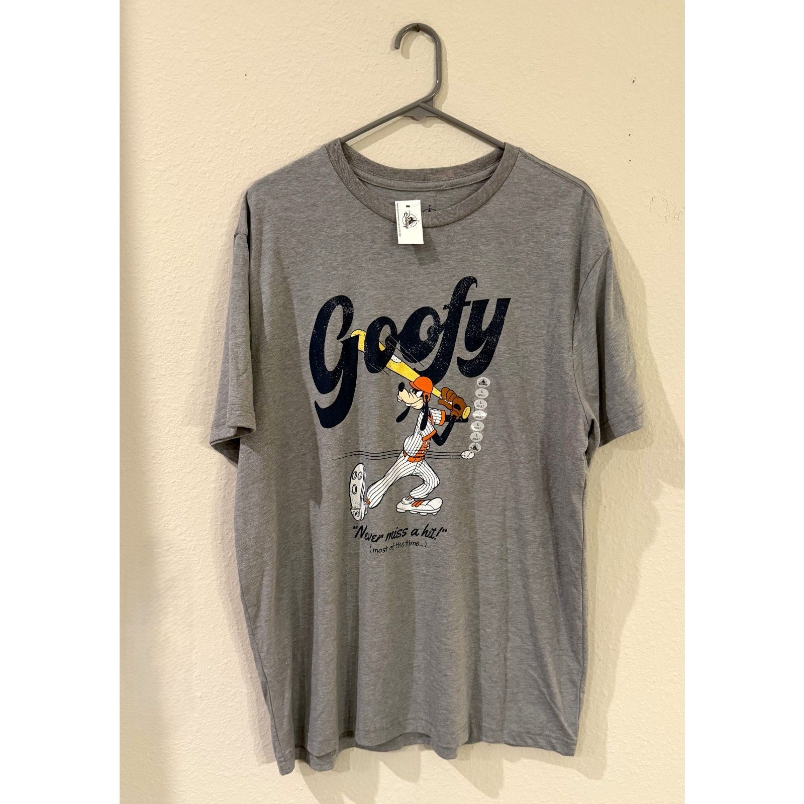 Disney Parks Goofy "Never Miss A Hit!" Ringer T-Shirt Large Baseball Tee NEW
