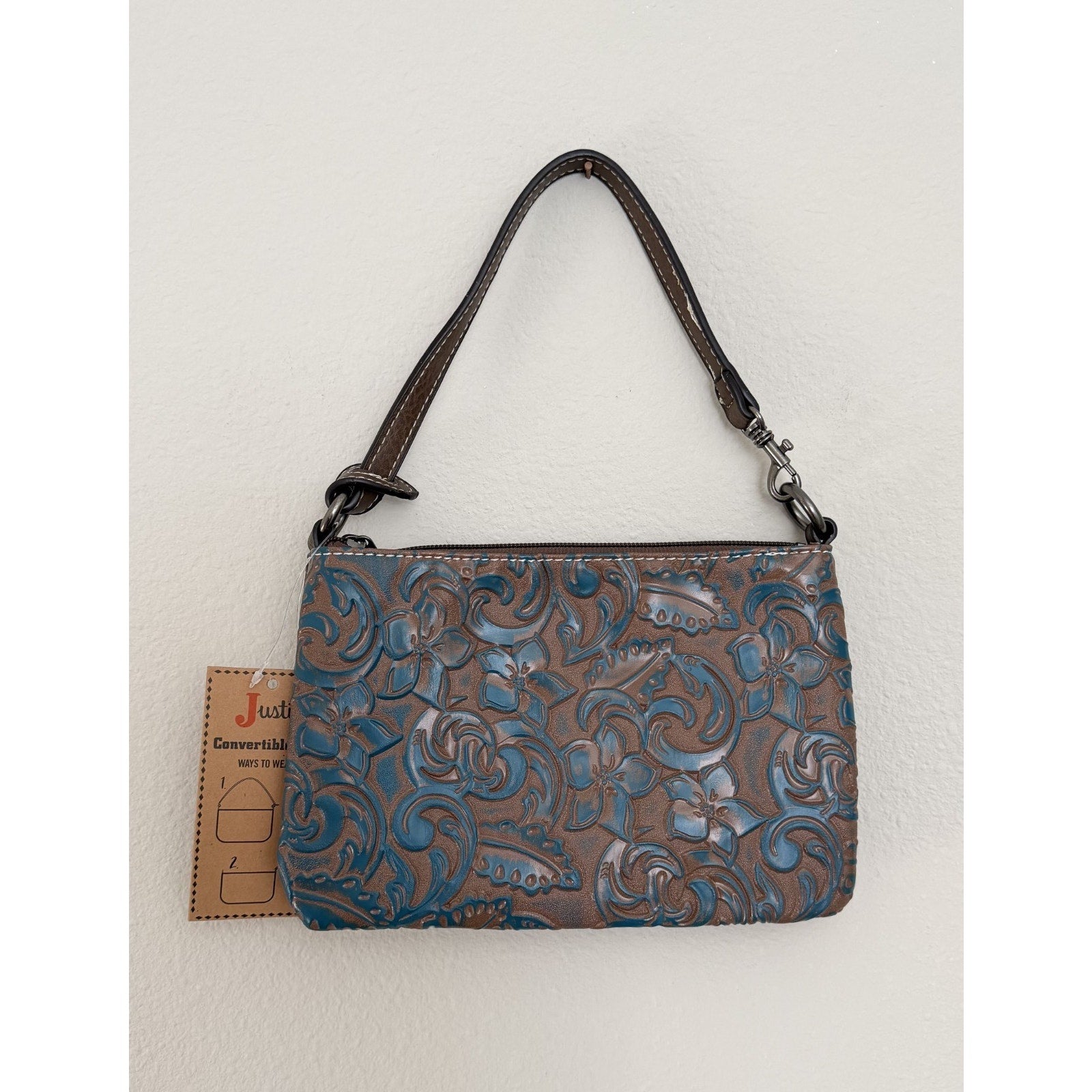 Justin Boots Embossed Convertible Wristlet Blue/Brown NEW