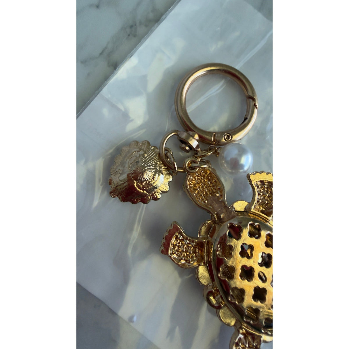 Ocean Style Gold Rhinestone Sea Turtle Keychain Bag Charm Heart & Pearl NEW