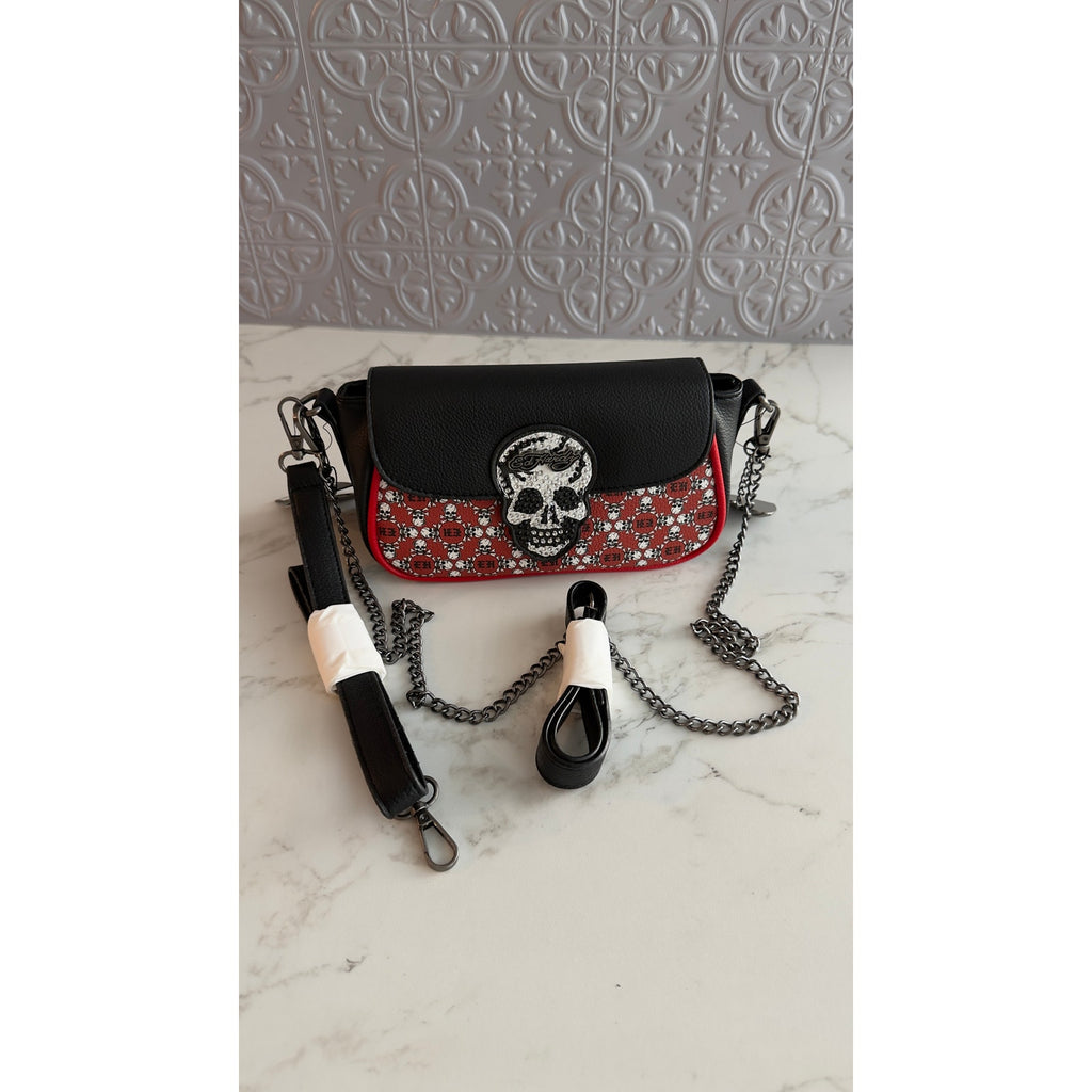 Ed Hardy Rhinestone Skull Flap Crossbody Bag Red & Black Print NWT