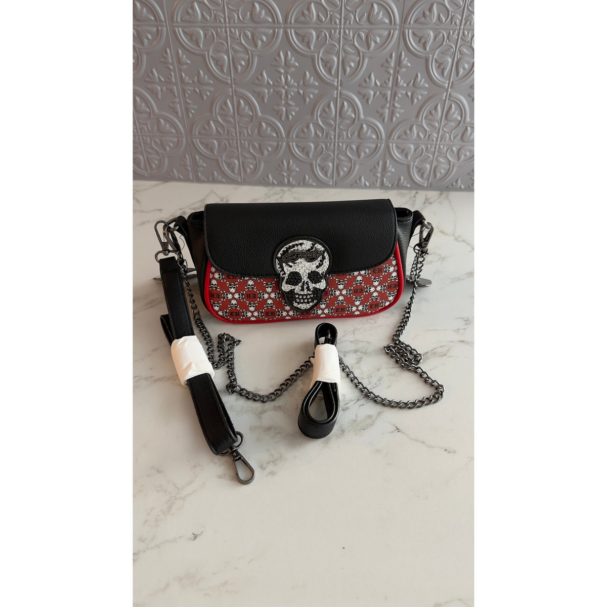 Ed Hardy Rhinestone Skull Flap Crossbody Bag Red & Black Print NWT