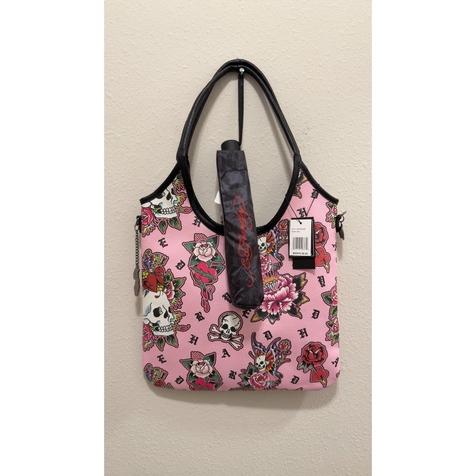 NWT Ed Hardy Pink Skull & Floral Tote Bag with Matching Umbrella Set