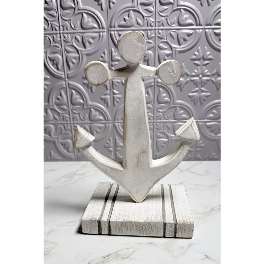 Teak Wood Anchor Coastal Sculpture White Table Decor