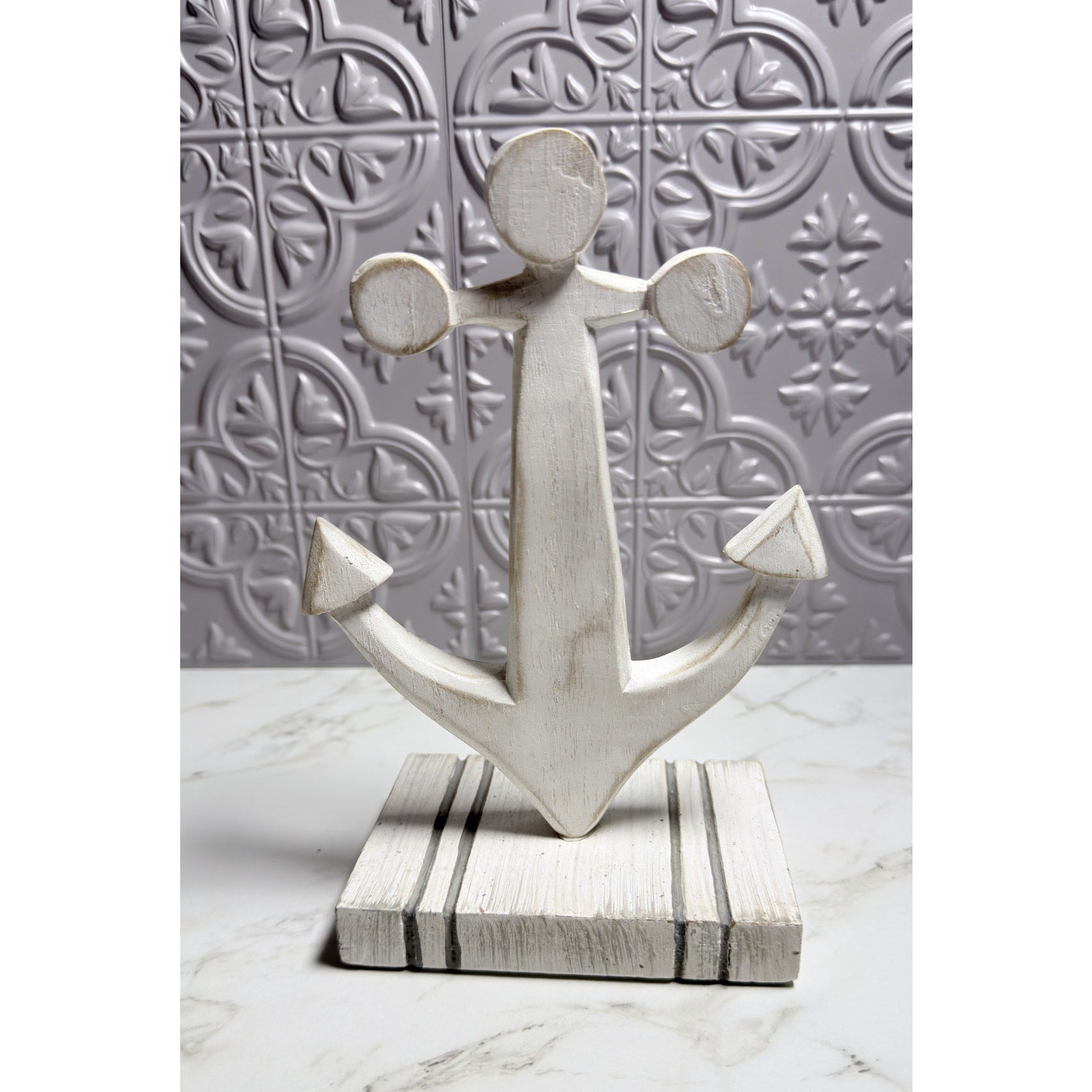 Teak Wood Anchor Coastal Sculpture White Table Decor