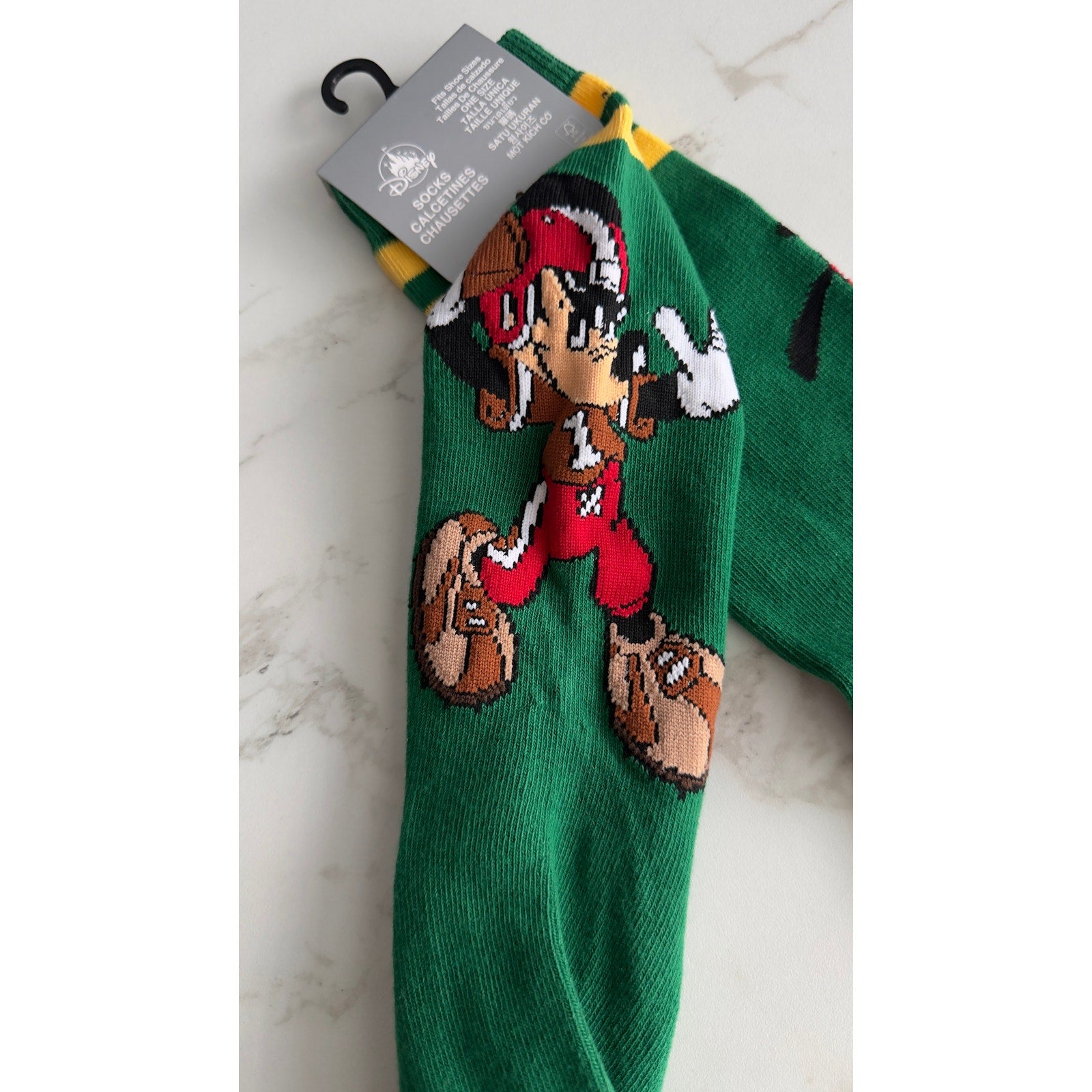 Disney Parks Goofy Pluto Football Crew Socks Adult One Size Green Gold NWT