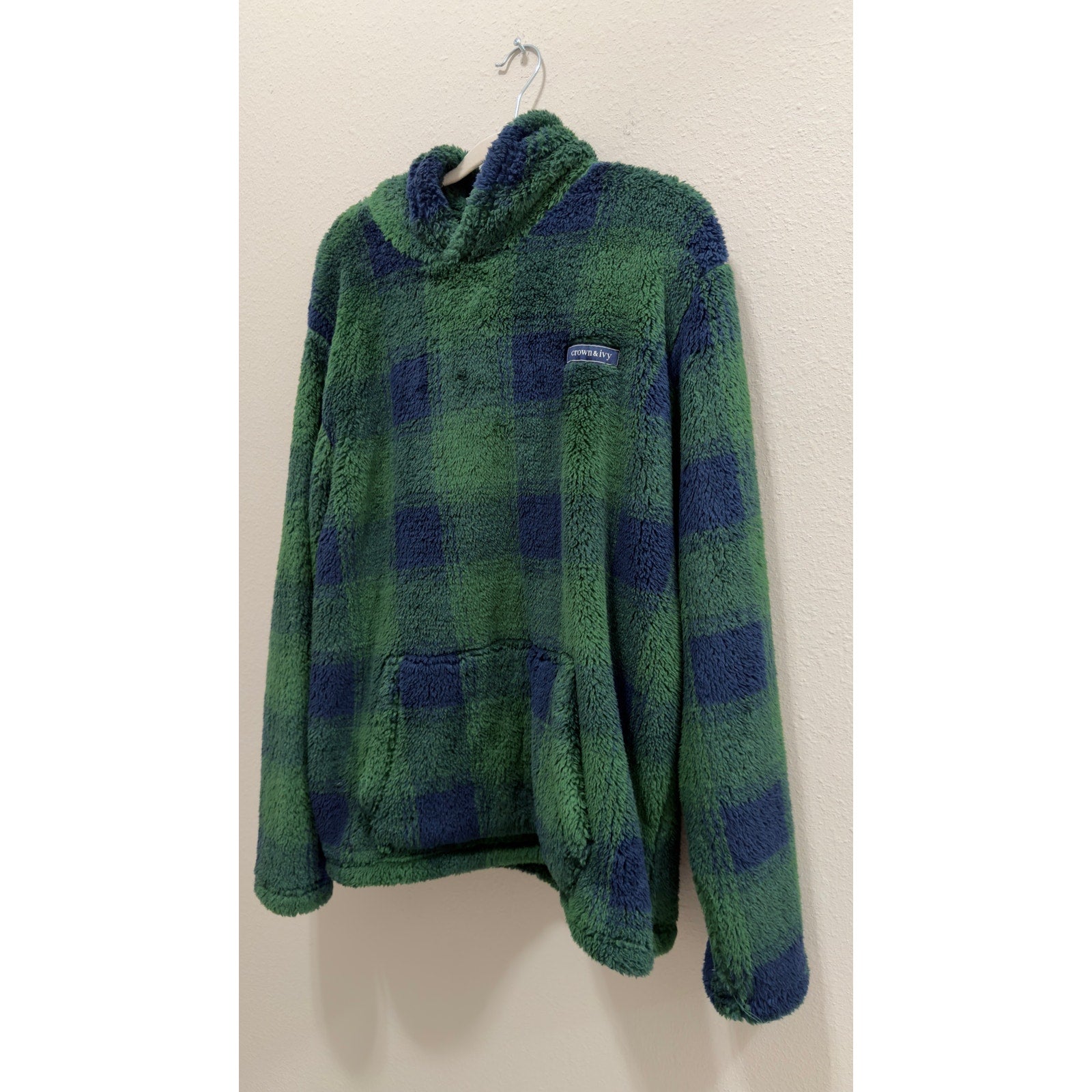 Crown & Ivy Green Plaid Sherpa Hoodie Mens Large Fleece Pullover