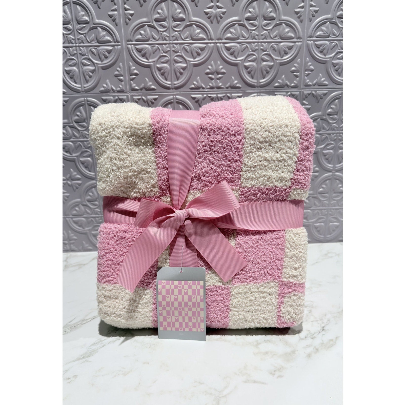 Disney Mickey Mouse Pink Cream Checkerboard Fluffy Plaid Throw Blanket NWT