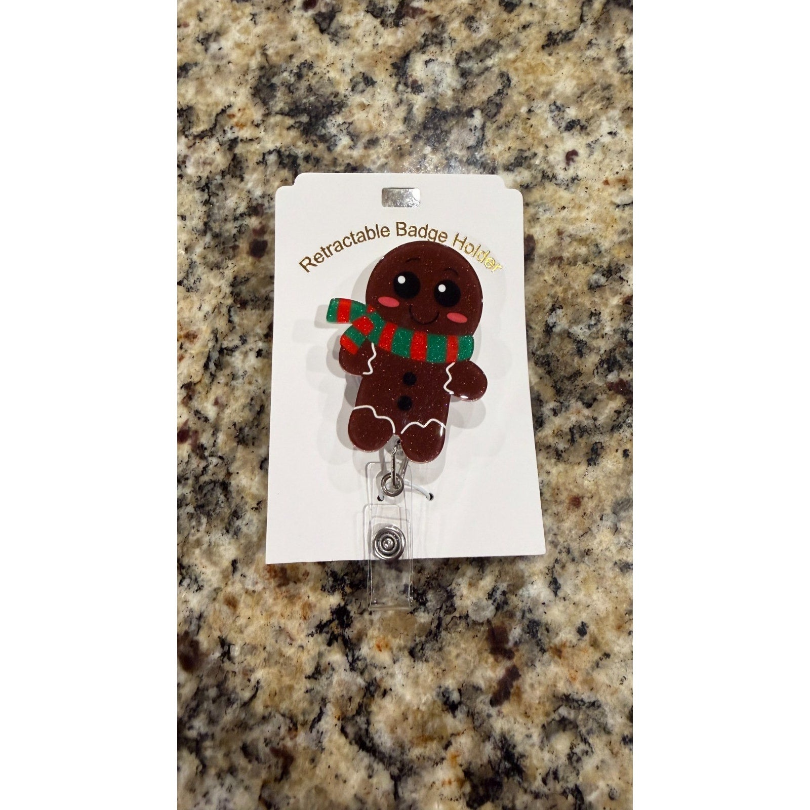 Retractable ID Clip Gingerbread Man, Acrylic Christmas Badge Holder NEW
