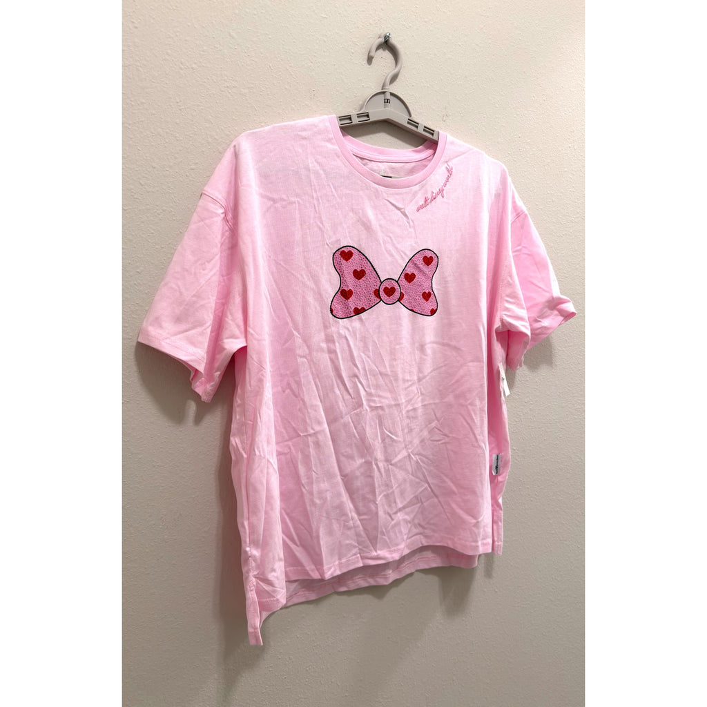 Disney Parks Women's Minnie Mouse Sequin Bow & Hearts Pink T-Shirt Large NWT