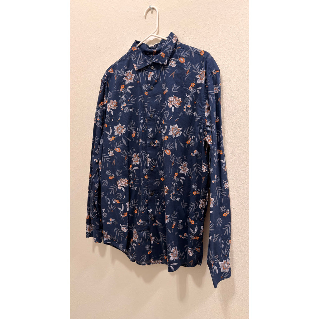 Alfani Men's Floral Button Down Long Sleeve Shirt Blue Orange Size Large