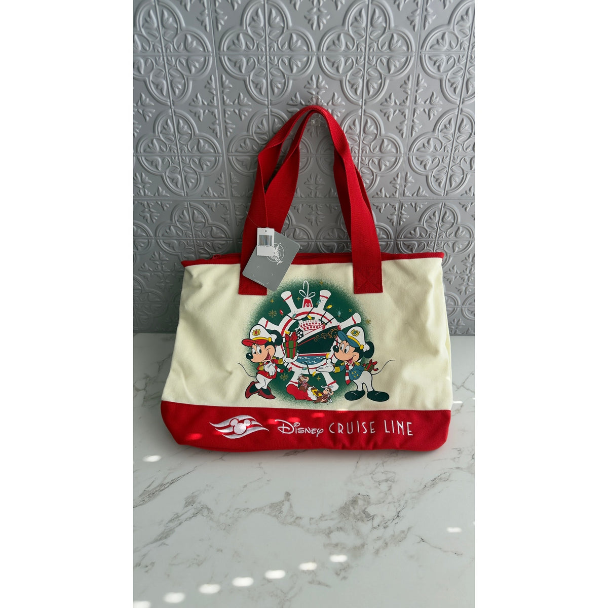 Disney Cruise Line DCL Holiday Christmas Mickey & Minnie Canvas Tote Bag NEW