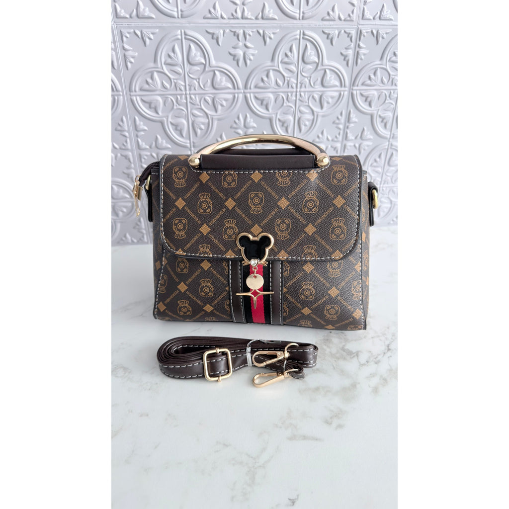 Mickey Mouse Charm Satchel Bag Women’s Tote Handbag Brown Gold NWT