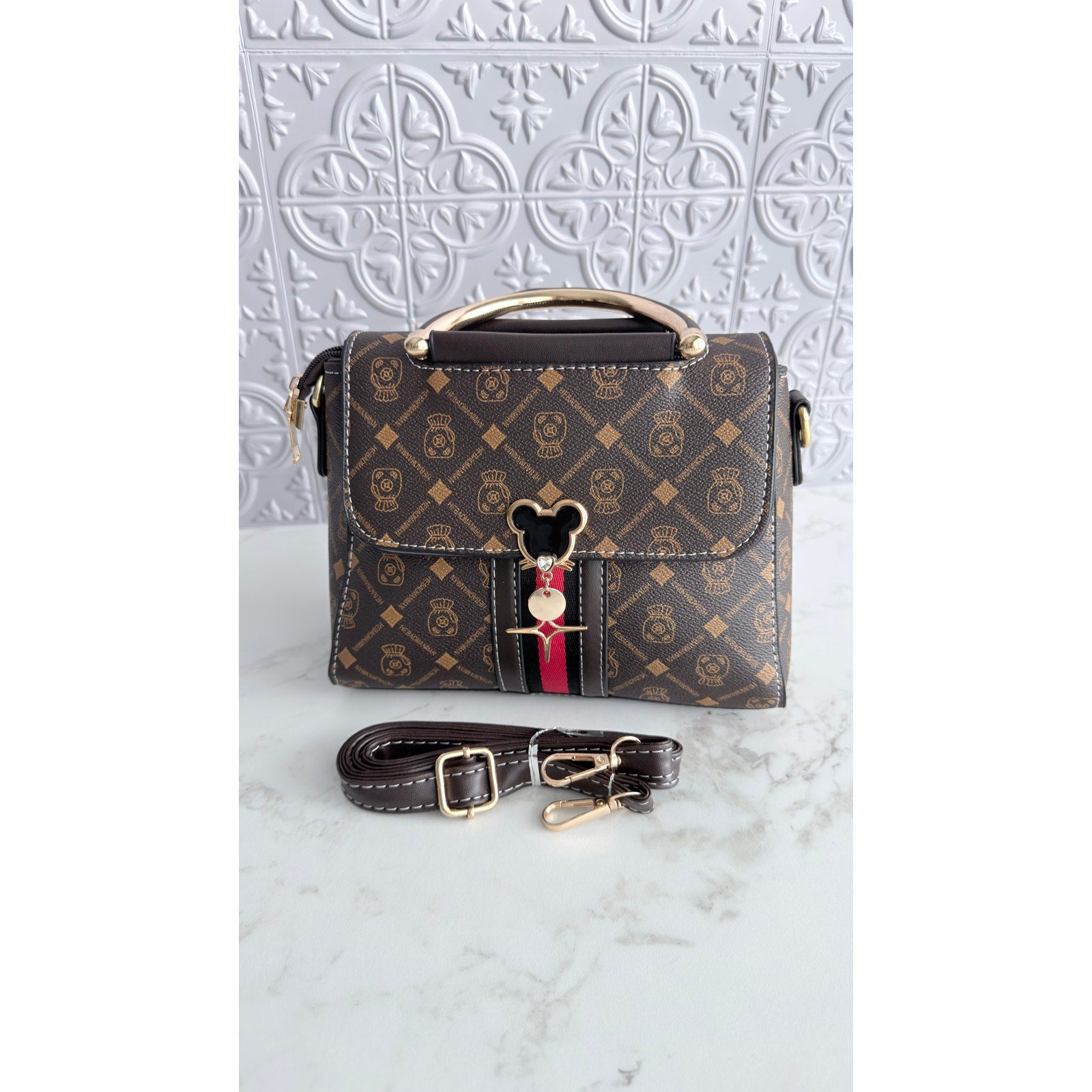 Mickey Mouse Charm Satchel Bag Women’s Tote Handbag Brown Gold NWT
