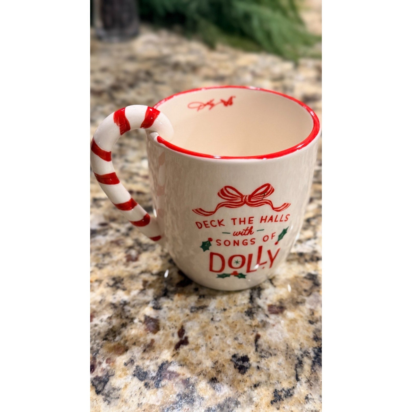 Dolly Parton “Holly Dolly” Mug Candy Cane Handle w/Dolly Signature, Butterfly