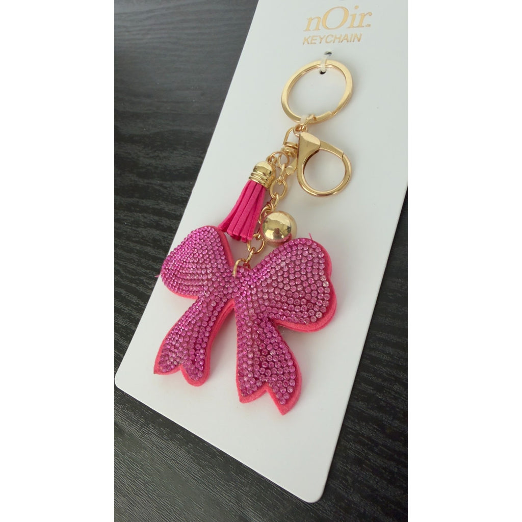 Bling Rhinestone Pink Ribbon Puffy Keychain - Tassel Bag Charm - NEW