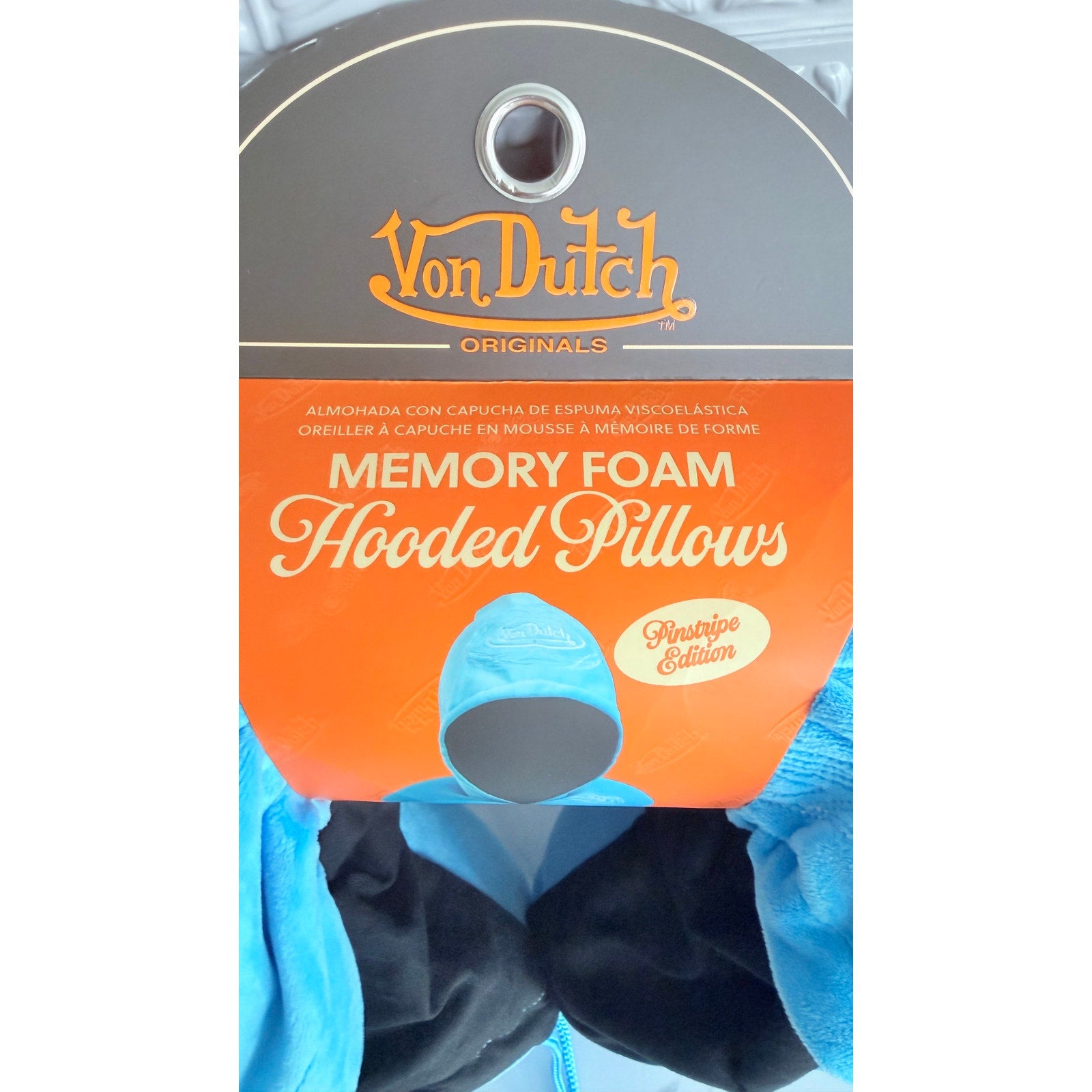 NEW Von Dutch Originals Hooded Memory Foam Travel Neck Pillow - Pinstripe Blue