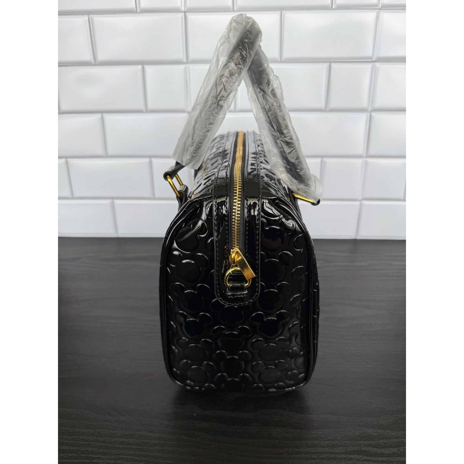 Disney Parks Black Embossed Mickey Mouse Medium Handbag Gold Hardware NWT