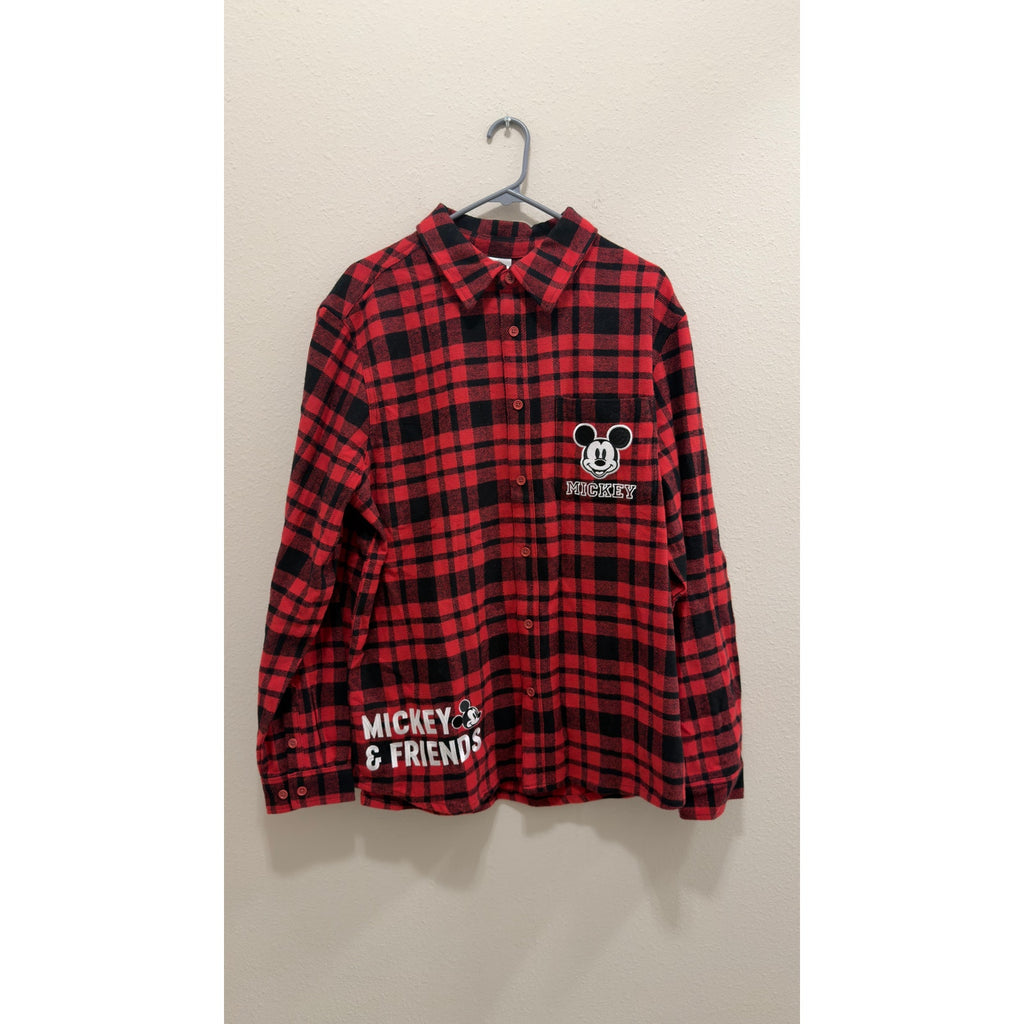 Disney Adult Mickey and Friends Red Plaid Flannel Button Down NWT Large