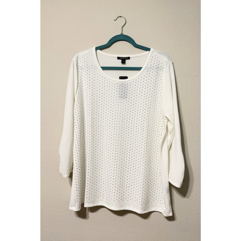 Robert Louis Women's XL Rhinestone Blouse Tunic Top NWT 3/4 Sleeve Cream White