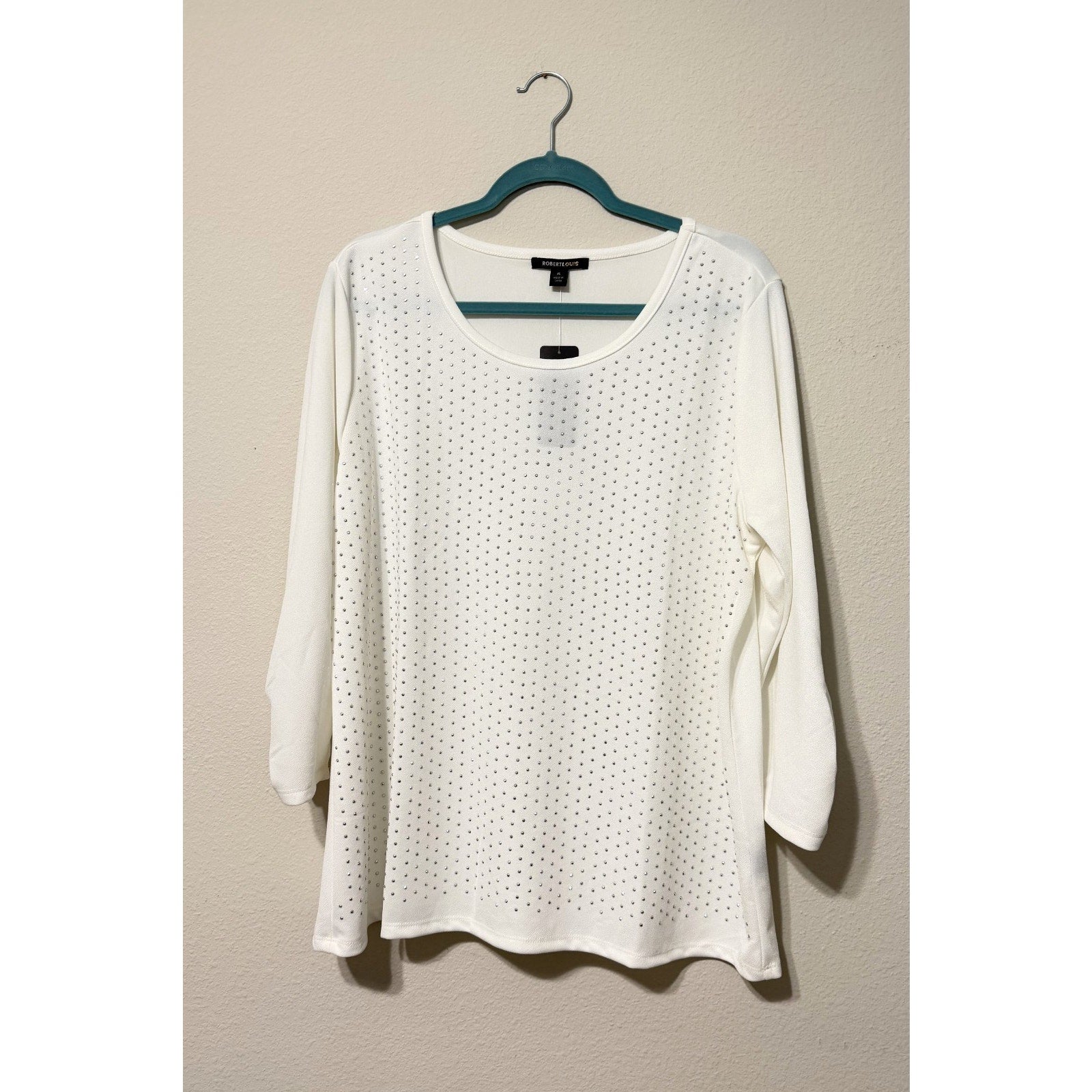 Robert Louis Women's XL Rhinestone Blouse Tunic Top NWT 3/4 Sleeve Cream White