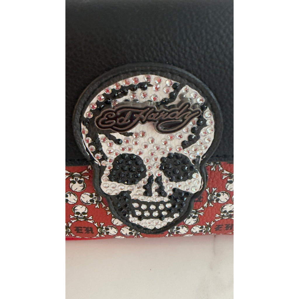Ed Hardy Rhinestone Skull Flap Crossbody Bag Red & Black Print NWT