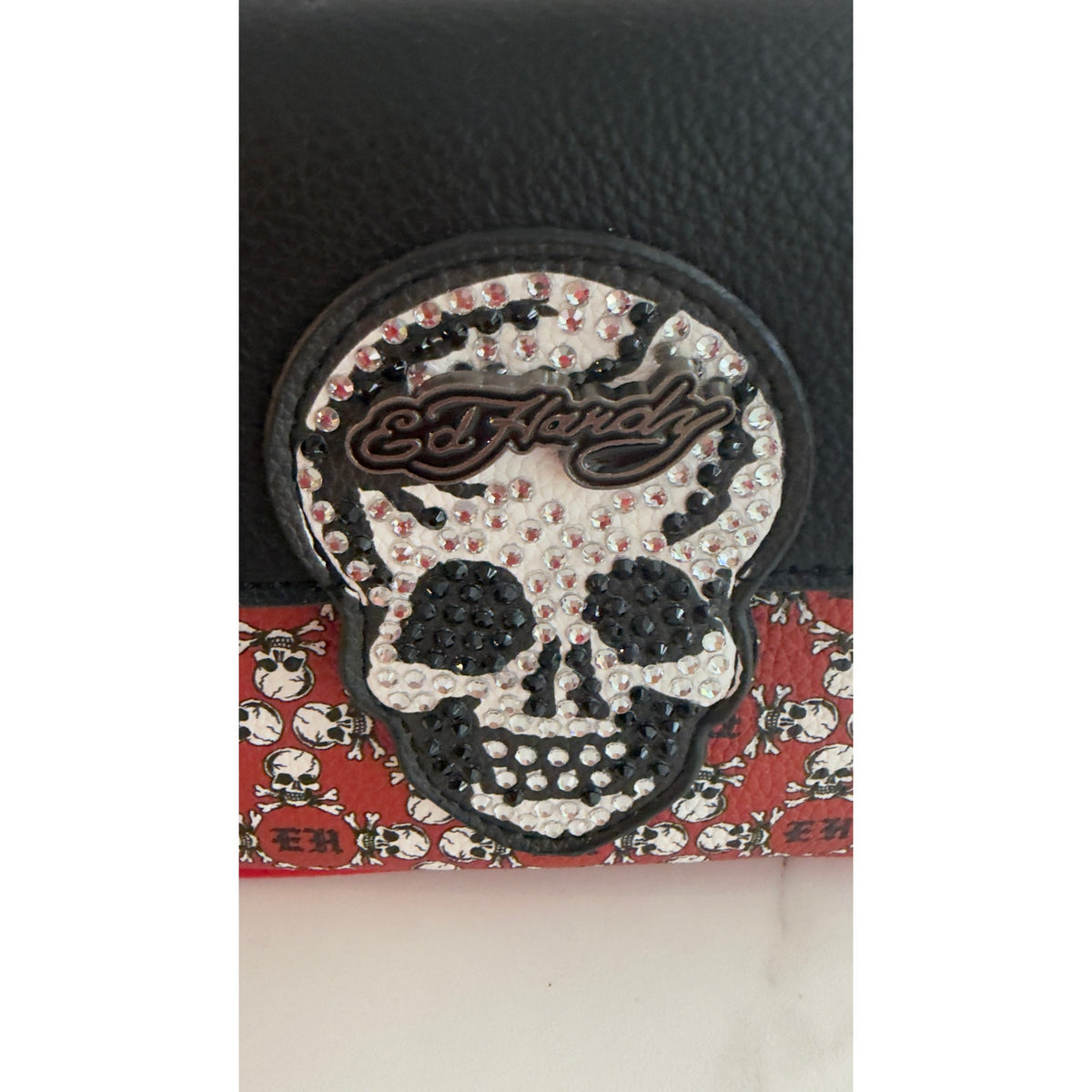 Ed Hardy Rhinestone Skull Flap Crossbody Bag Red & Black Print NWT