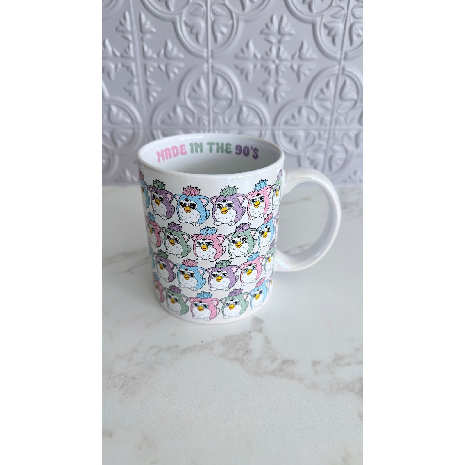 Furby Pastel Pattern Ceramic Mug 20 oz Made In The 90s Retro Hasbro NEW