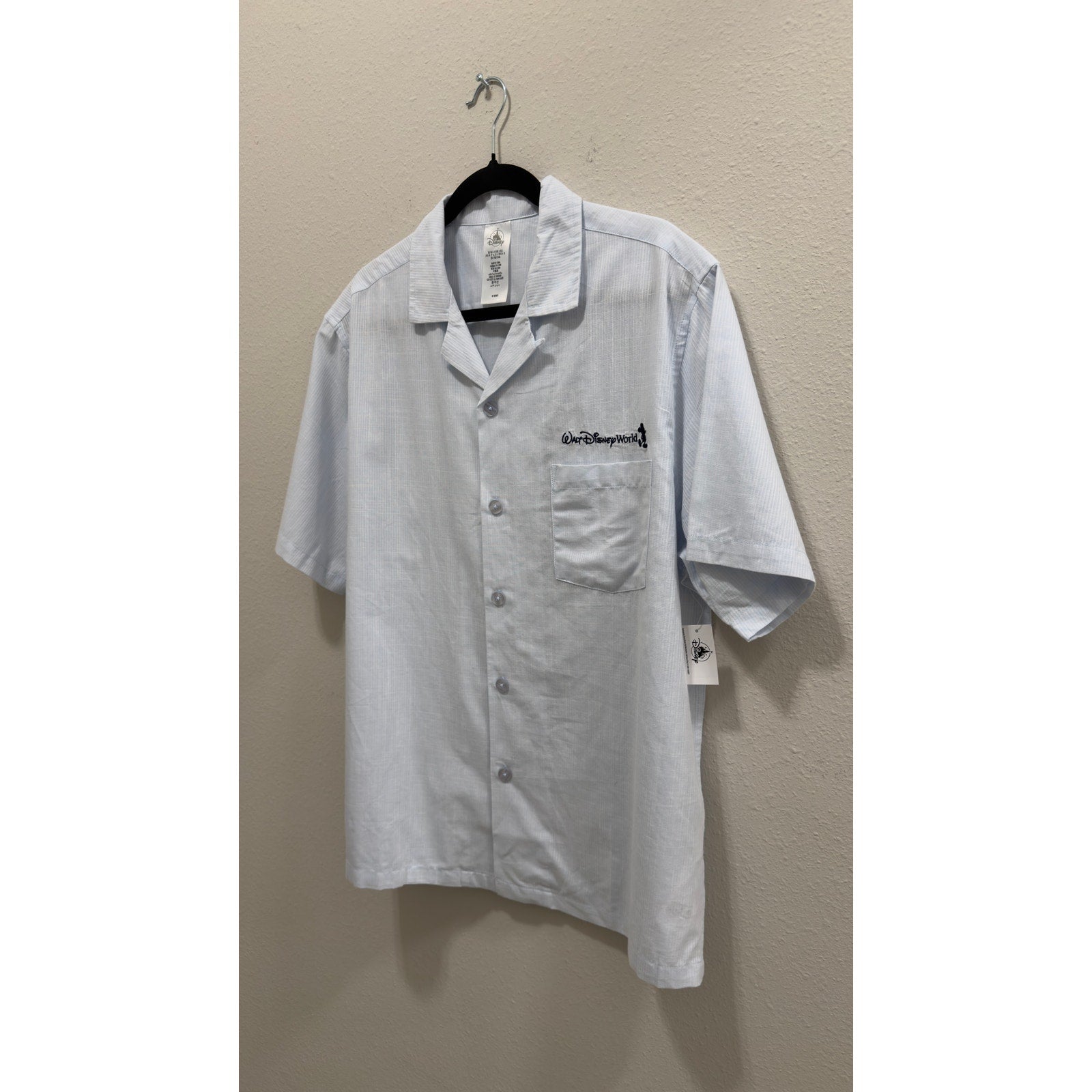 Disney Walt Disney World Logo Adult Button-Up Light Blue Pinstripe NWT Large