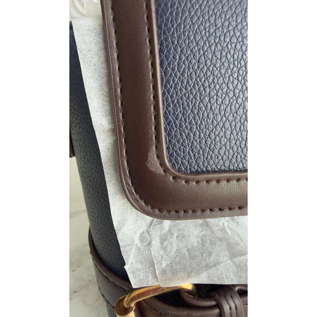 Navy Blue & Brown PU Leather Satchel Crossbody Handbag Top Handle Purse NEW