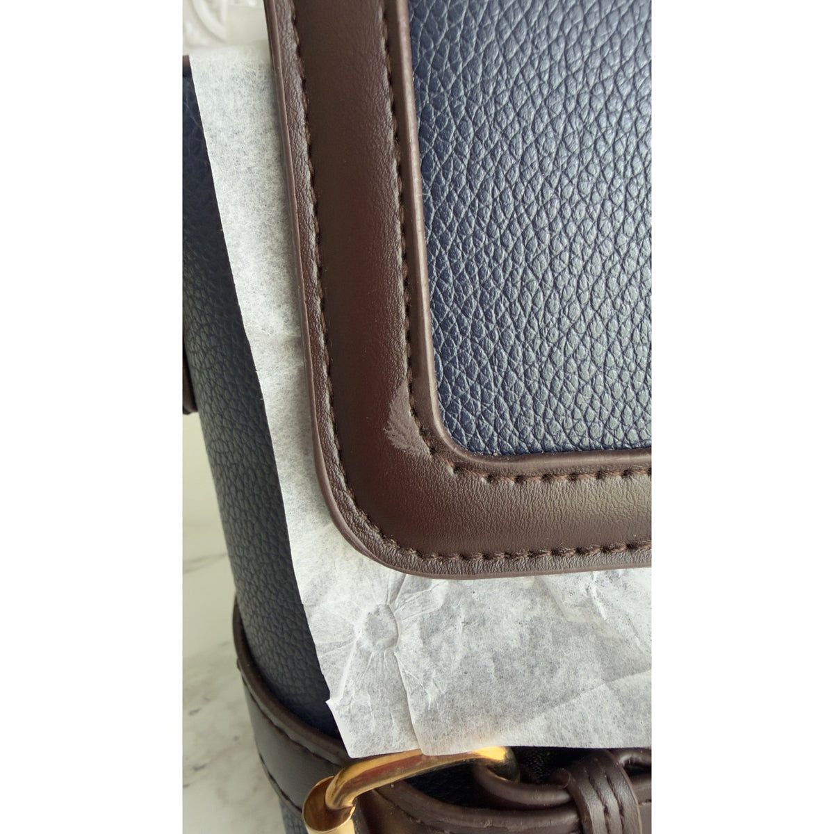 Navy Blue & Brown PU Leather Satchel Crossbody Handbag Top Handle Purse NEW