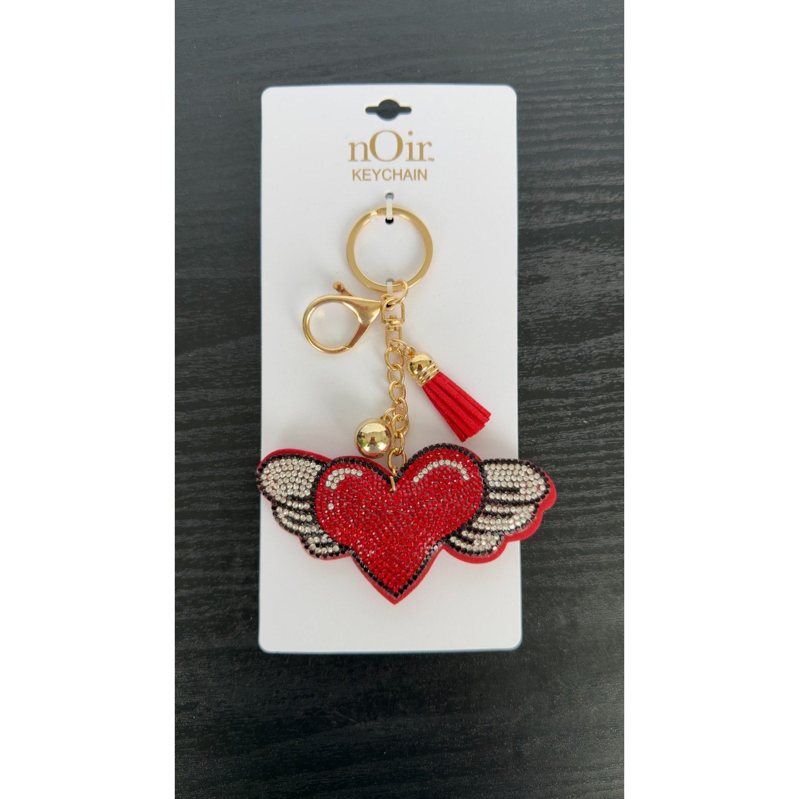 Bling Rhinestone Red Winged Heart Puffy Keychain - Tassel Bag Charm NEW