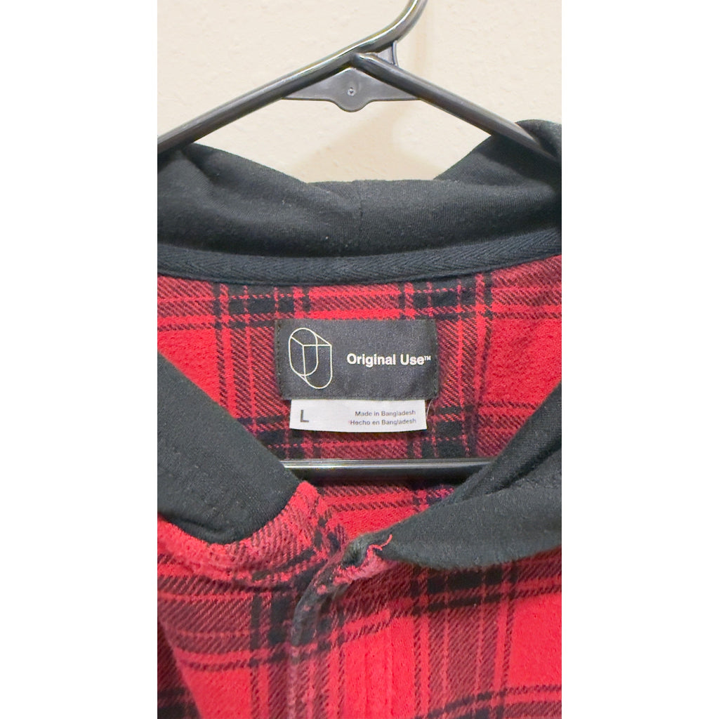 Original Use Mens Red Plaid Hooded Flannel Button Up Large