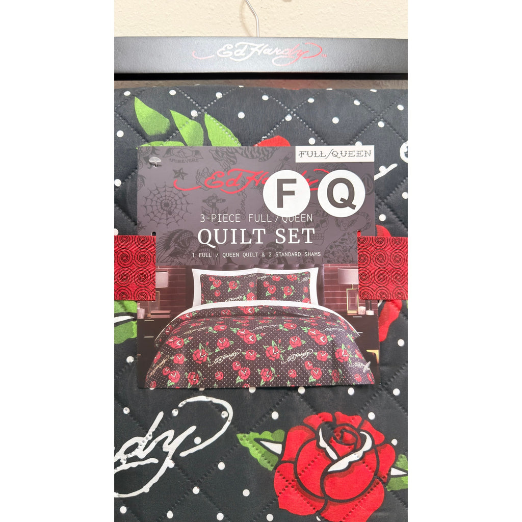 Ed Hardy 3 Piece Full / Queen Quilt Set Red Roses Polka Dot Black NWT