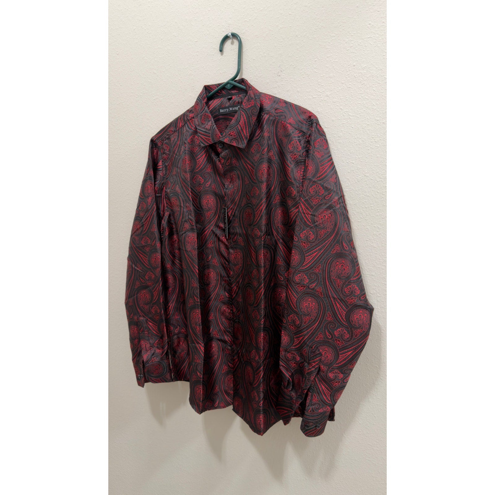 Barry.Wang Men's Luxury Paisley Silk Button Down Shirt Burgundy Black L NWT