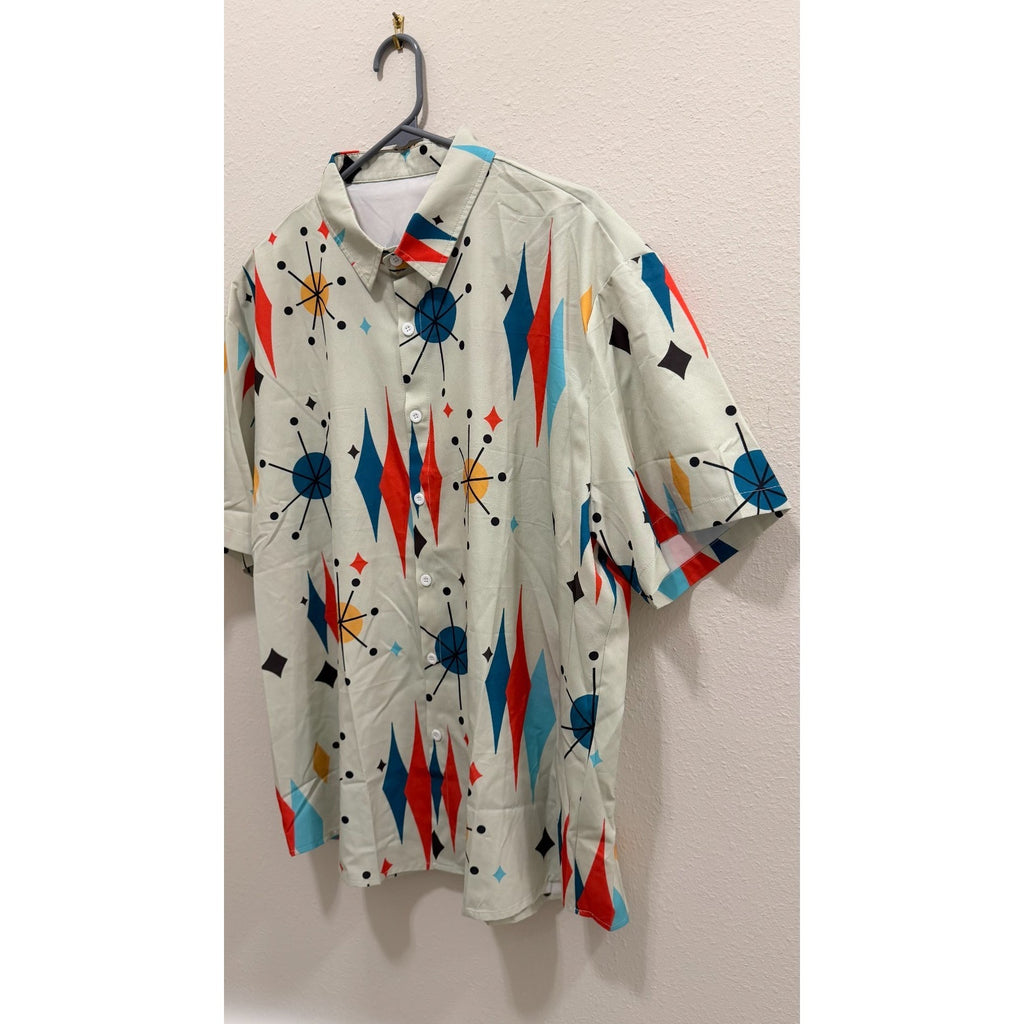 Men’s Modern Geometric Short Sleeve Button Up - Unique Digital Print - Preowned