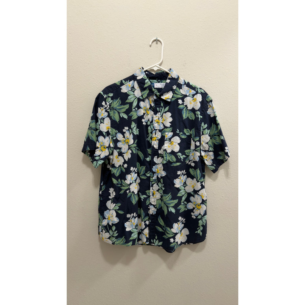 Old Navy Men’s Floral Short Sleeve Button Down Shirt Built-In Flex Navy Large