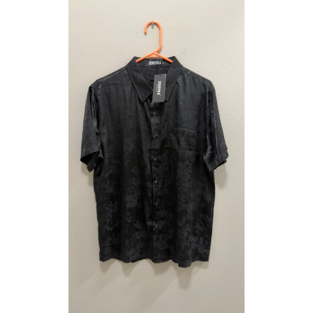 ZEROYAA Men's Luxury Satin Floral Jacquard Short Sleeve Button Down Shirt Medium