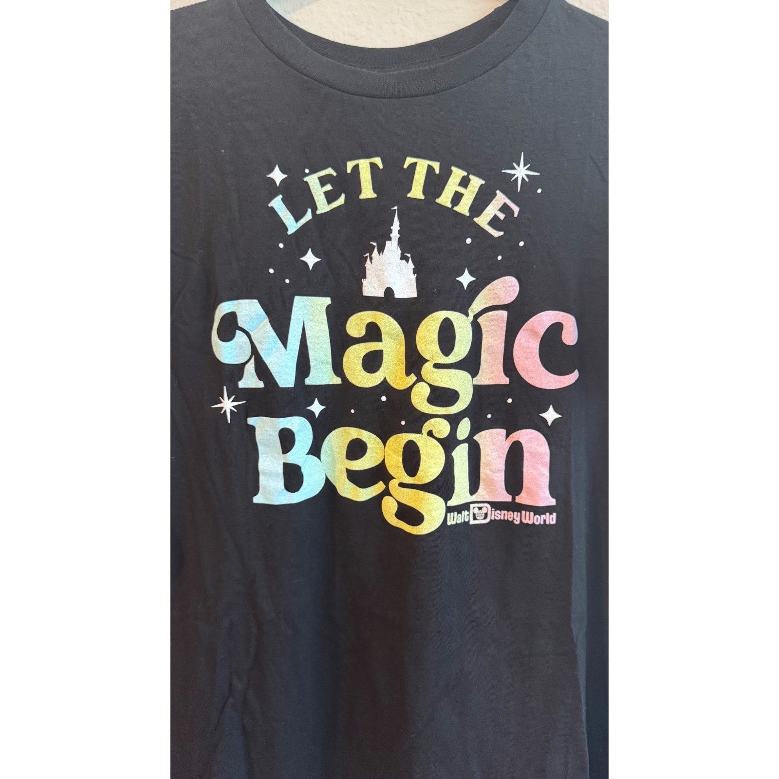 Disney Parks Castle Tee Adult Large Black "Let The Magic Begin" NWT