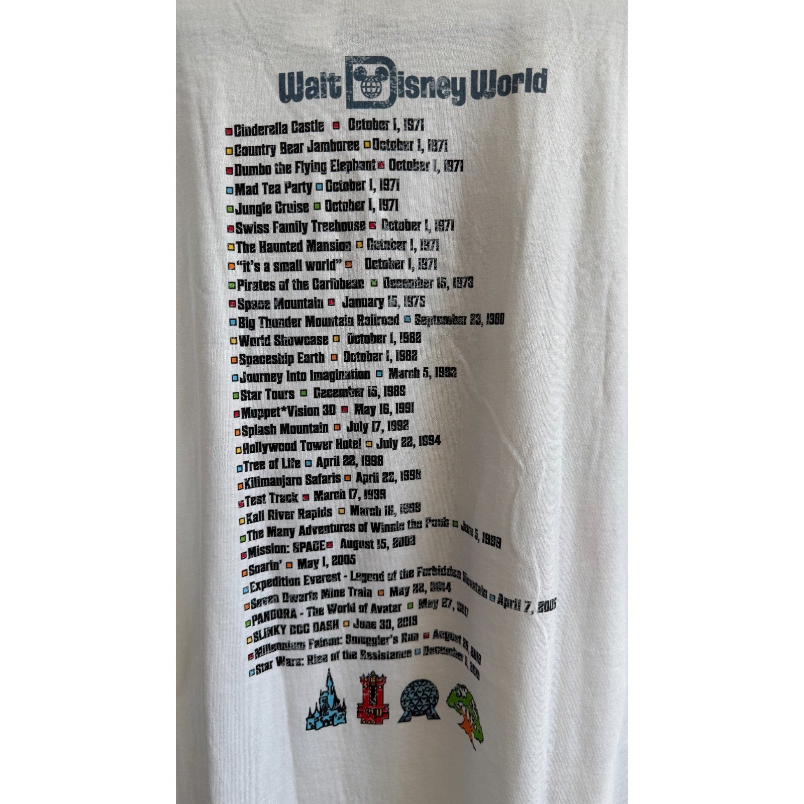 NWT Walt Disney World Attractions Opening Dates Graphic Tee Adult Size Large