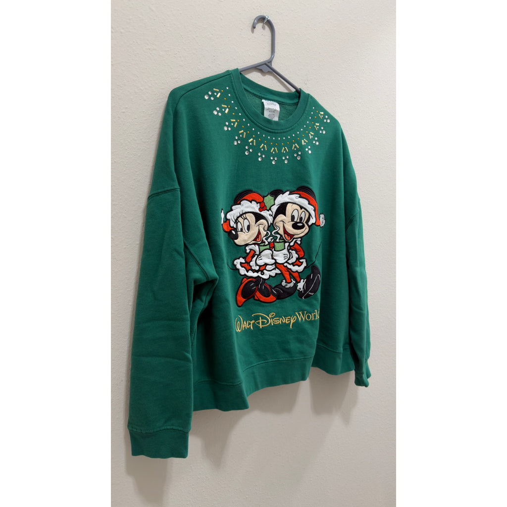Walt Disney World Christmas Santa Mickey Minnie Rhinestone Sweatshirt Large NWT